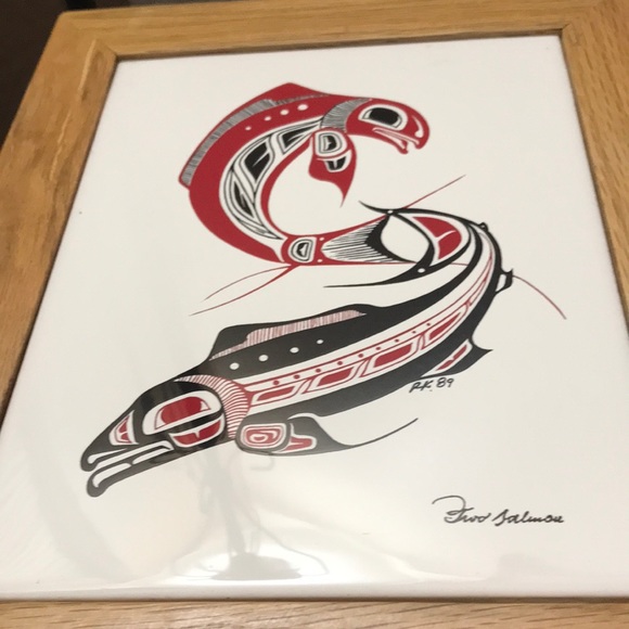 Inuit Two Salmon Tile Art Box Vintage Beautiful - Picture 2 of 13